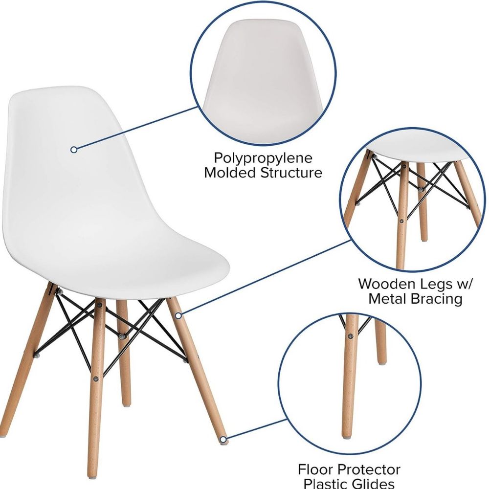 Mahmayi Set of 2 Eames Style Chair with Walnut Wood Legs Eiffel Dining Room Chair - Lounge Chair Without Arms Chair Seat Wooden Wood Eiffel Legged Base Molded Plastic Seat Dining Chair - White