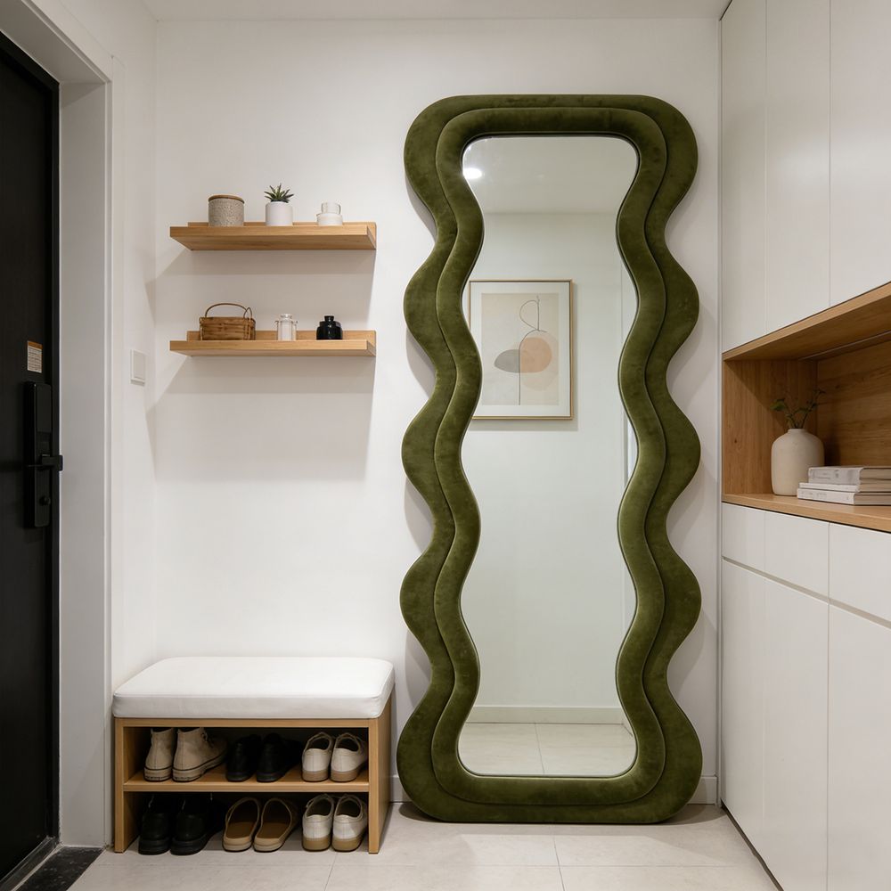 Maple Home Wavy Full Length Mirror Olive Green Velvet 60x160cm Irregular Double Wavy Frame Standing Leaning Mirror for Bedroom Entryway Closet Living Room