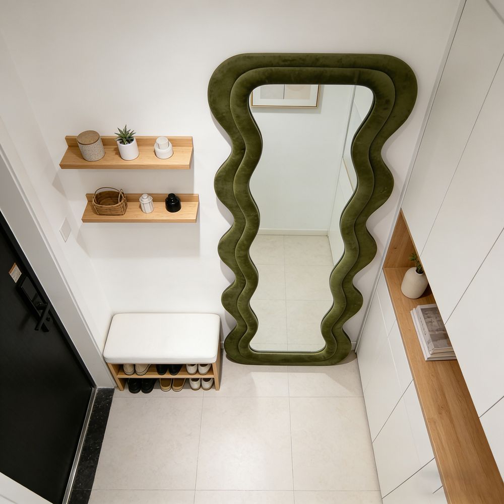 Maple Home Wavy Full Length Mirror Olive Green Velvet 60x160cm Irregular Double Wavy Frame Standing Leaning Mirror for Bedroom Entryway Closet Living Room