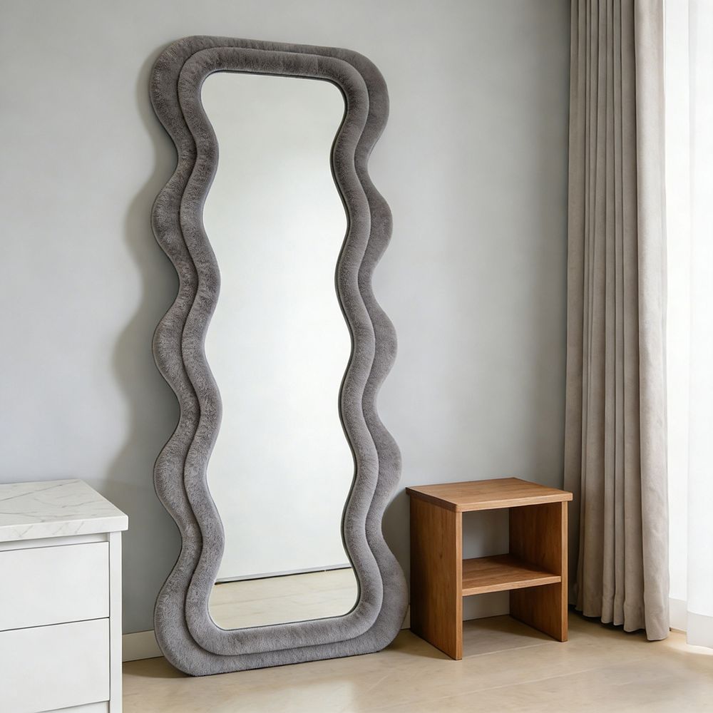 Maple Home Wavy Full Length Mirror Gray Velvet 60x160cm Irregular Double Wavy Frame Standing Leaning Mirror for Bedroom Entryway Closet Living Room