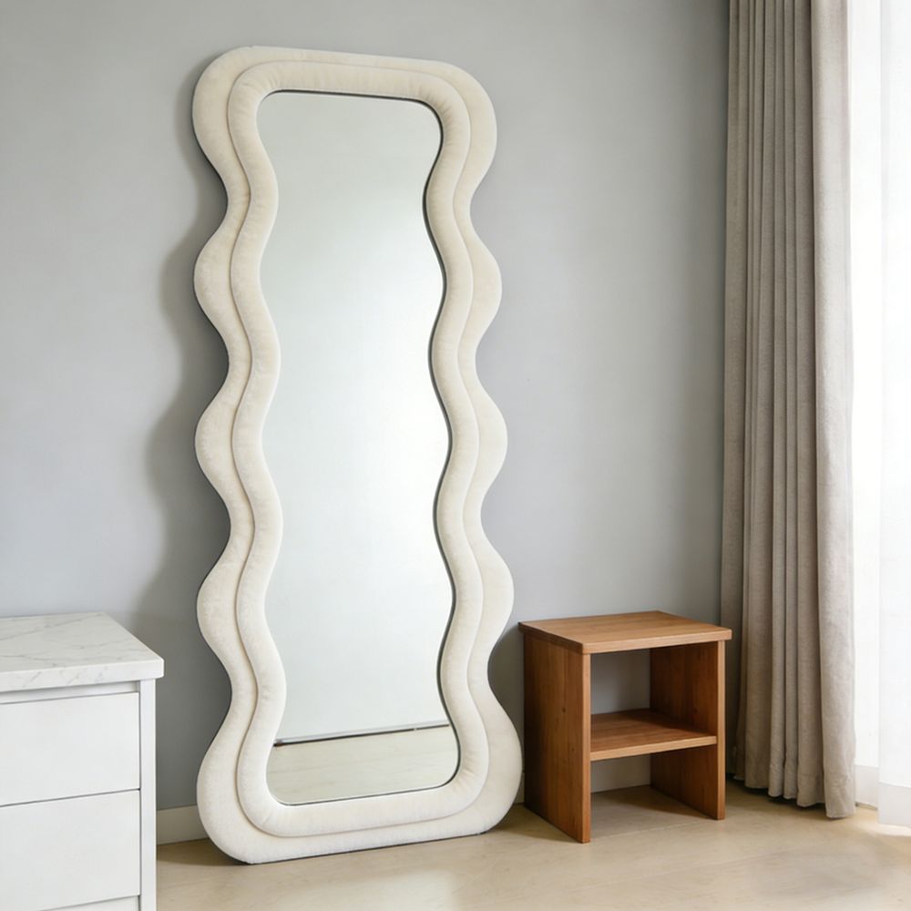 Maple Home Wavy Full Length Mirror Ivory Velvet 60x160cm Irregular Double Wavy Frame Standing Leaning Mirror for Bedroom Entryway Closet Living Room