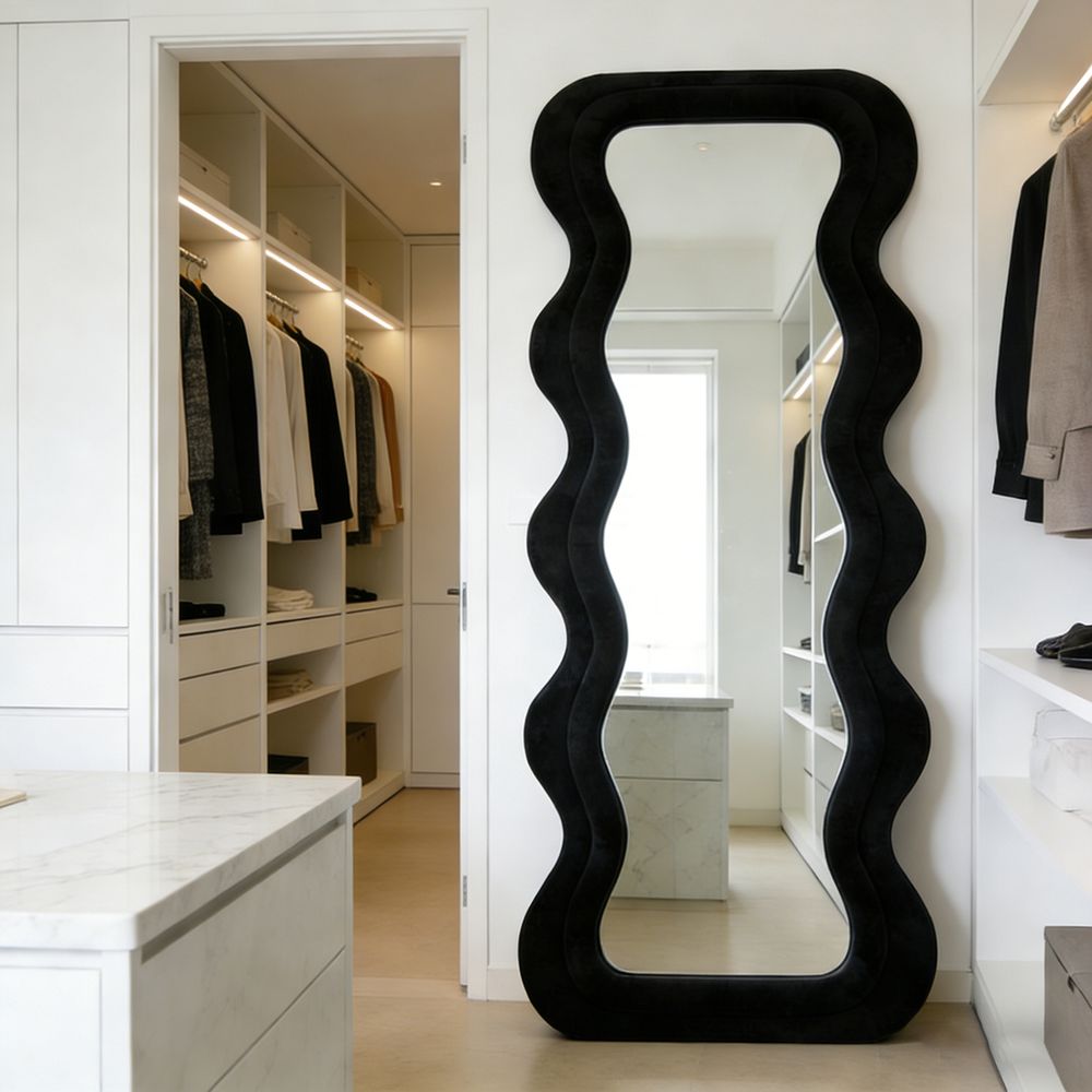 Maple Home Wavy Full Length Mirror Black Velvet 60x160cm Irregular Double Wavy Frame Standing Leaning Mirror for Bedroom Entryway Closet Living Room