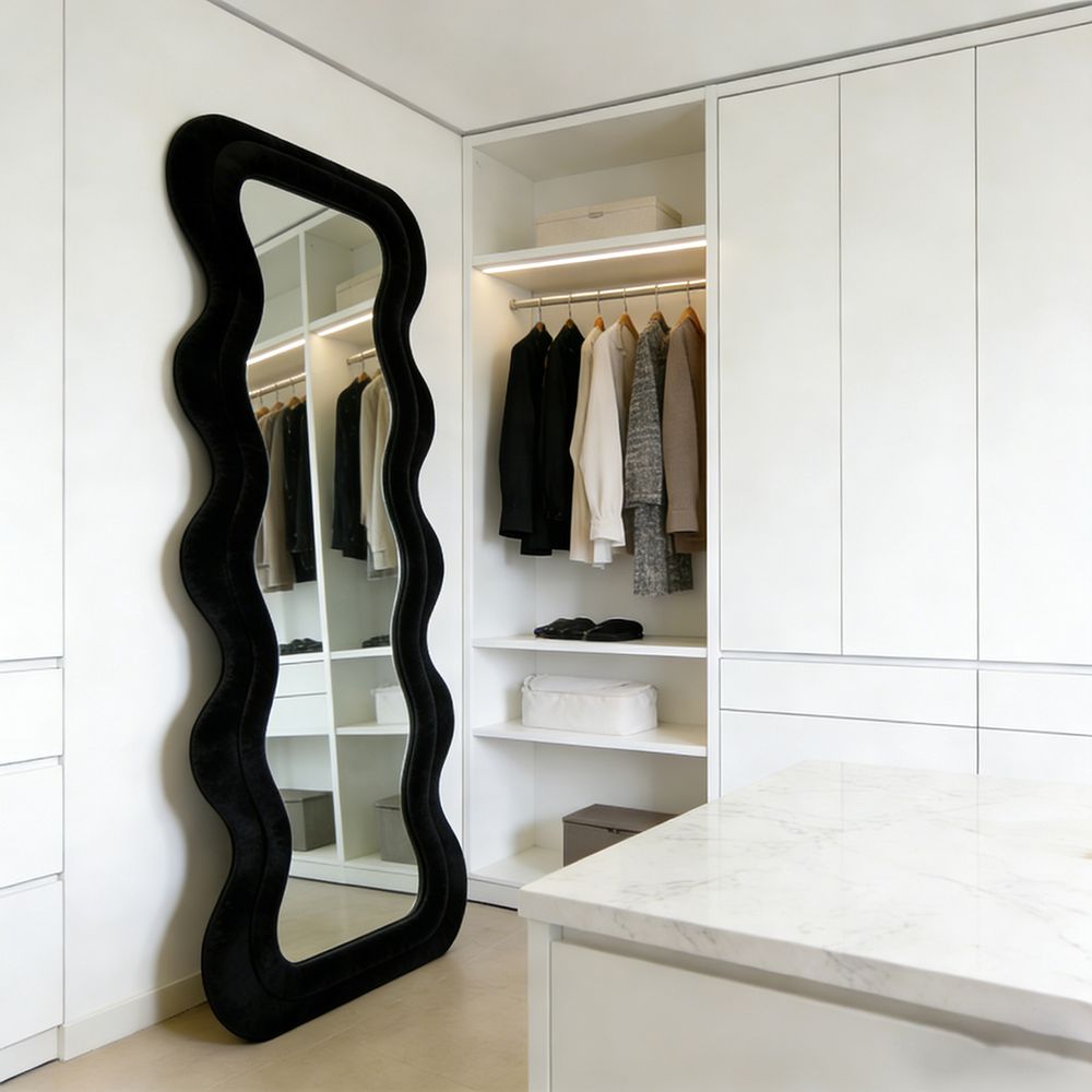 Maple Home Wavy Full Length Mirror Black Velvet 60x160cm Irregular Double Wavy Frame Standing Leaning Mirror for Bedroom Entryway Closet Living Room