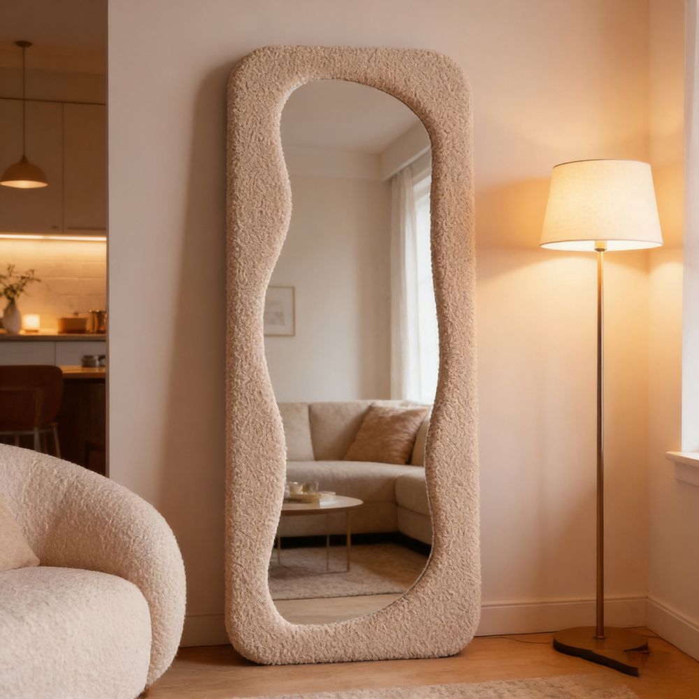 Maple Home Deep Beige Teddy Fleece Wavy Full Length Mirror 60x160cm Irregular Fluffy Squiggle Floor Mirror for Bedroom Entryway Closet