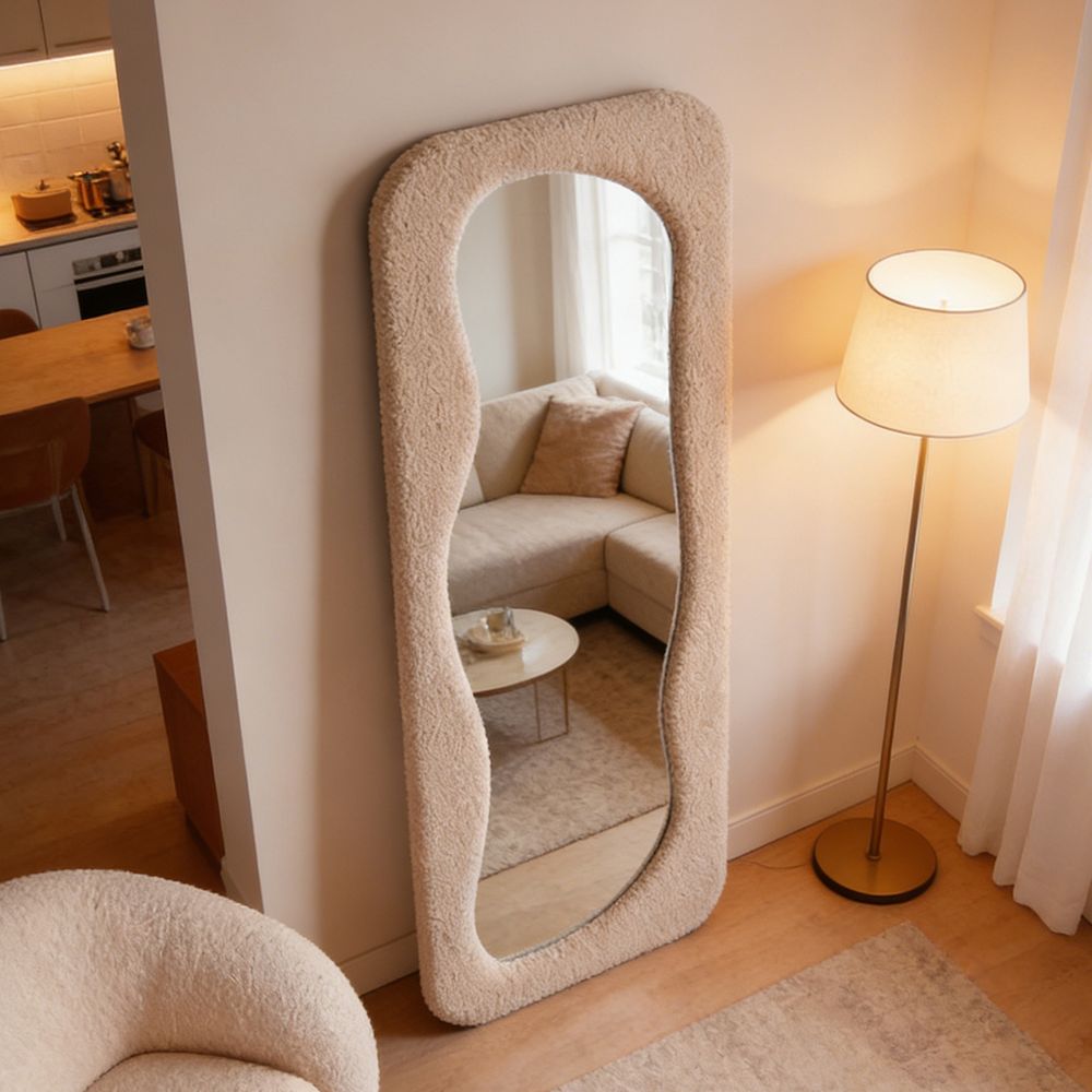 Maple Home Deep Beige Teddy Fleece Wavy Full Length Mirror 60x160cm Irregular Fluffy Squiggle Floor Mirror for Bedroom Entryway Closet