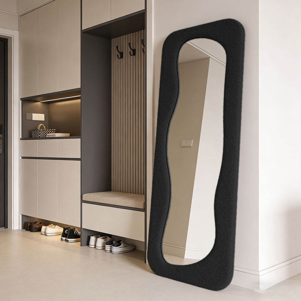 Maple Home Black Teddy Fleece Wavy Full Length Mirror 60x160cm Luxury Fluffy Irregular Floor Mirror for Entryway Closet