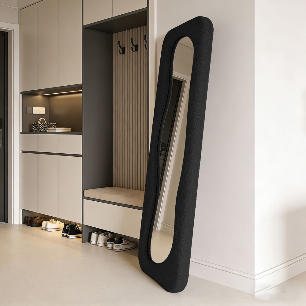 Maple Home Black Teddy Fleece Wavy Full Length Mirror 60x160cm Luxury Fluffy Irregular Floor Mirror for Entryway Closet