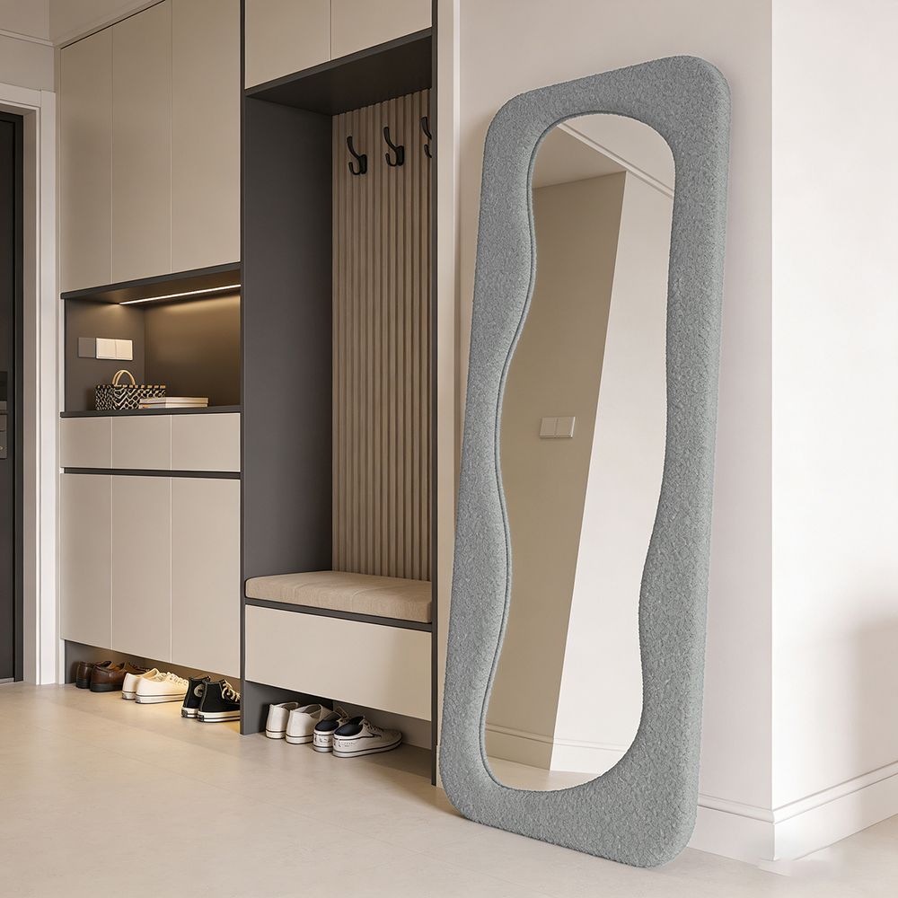 Maple Home Light Gray Fluffy Wavy Full Length Mirror 60x160cm Sherpa Squiggle Standing Mirror for Boho Modern Home