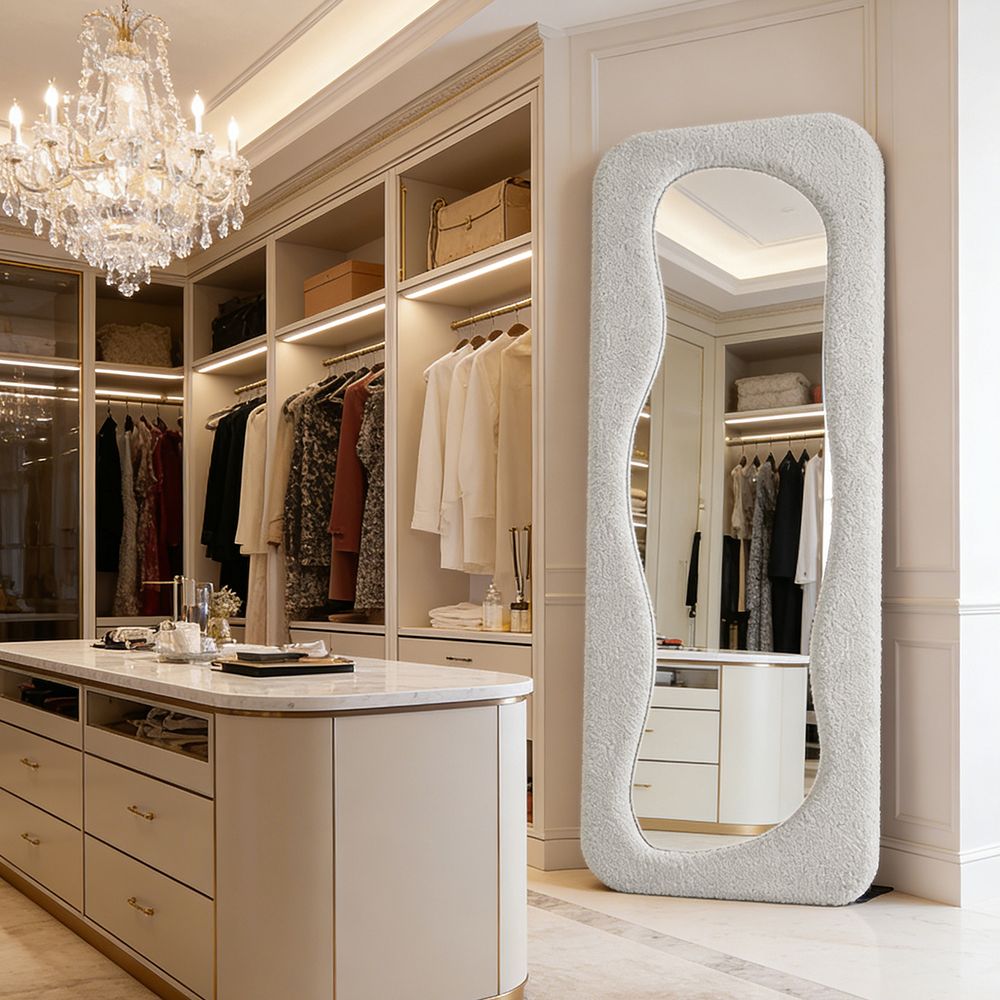 Maple Home Off White Fluffy Wavy Full Length Mirror 60x160cm Sherpa Cloud Shape Standing Mirror for Aesthetic Home Decor