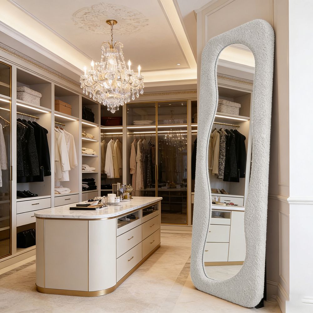Maple Home Off White Fluffy Wavy Full Length Mirror 60x160cm Sherpa Cloud Shape Standing Mirror for Aesthetic Home Decor