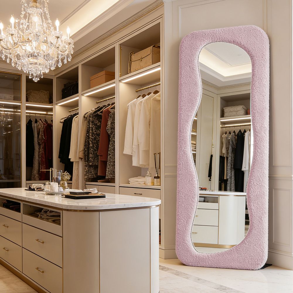 Maple Home Blush Pink Teddy Fleece Wavy Full Length Mirror 60x160cm Fluffy Squiggle Floor Mirror for Bedroom Dressing Room