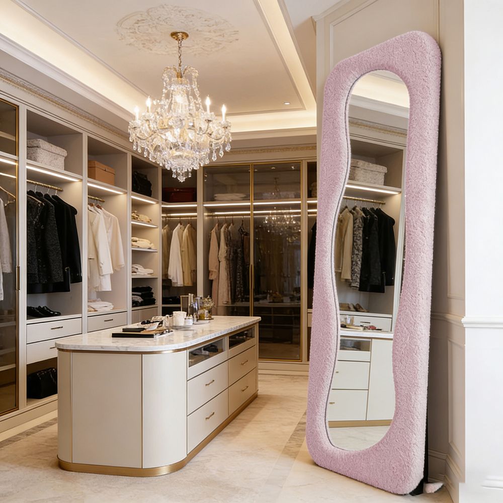 Maple Home Blush Pink Teddy Fleece Wavy Full Length Mirror 60x160cm Fluffy Squiggle Floor Mirror for Bedroom Dressing Room