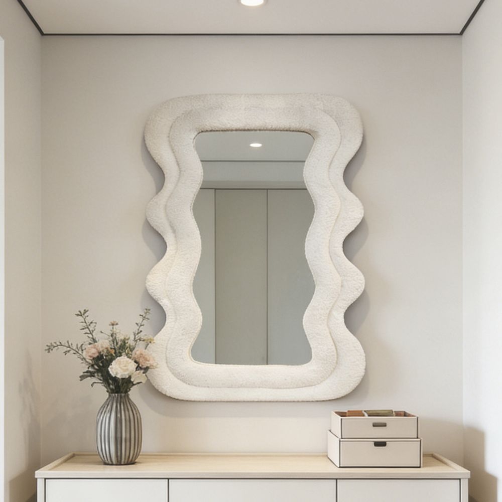 Wavy Mirror Ivory White Teddy Fleece 60�80cm Soft Fluffy Wall and Tabletop Decorative Mirror for Bedroom Vanity
