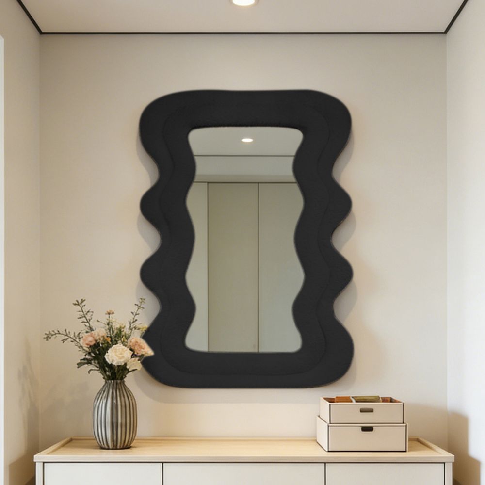 Wavy Decorative Mirror Black Teddy Fleece 60�80cm Luxury Fluffy Squiggle Wall and Tabletop Mirror for Living Room Entryway
