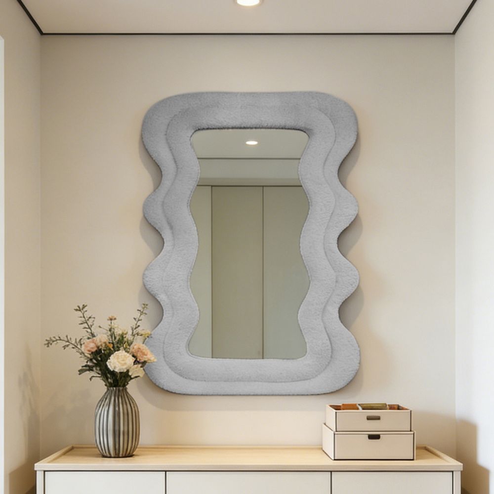 Wavy Mirror Light Gray Teddy Fleece 60�80cm Modern Fluffy Wall Mounted and Tabletop Decorative Mirror for Home Interior
