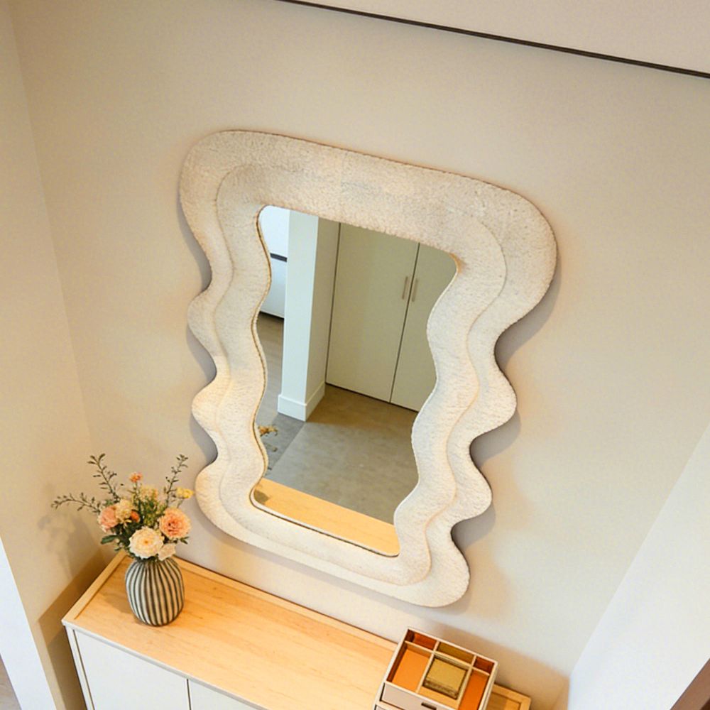 Wavy Decorative Mirror Beige Teddy Fleece 60�80cm Tabletop and Wall Mounted Fluffy Squiggle Mirror for Home Decor
