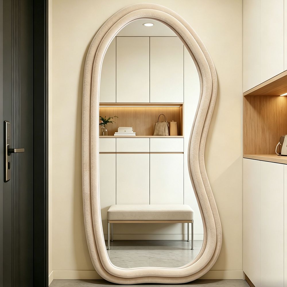 Wavy Full Length Mirror Beige Velvet 70�170cm Double Layer Fluffy Squiggle Floor Mirror for Home Decor