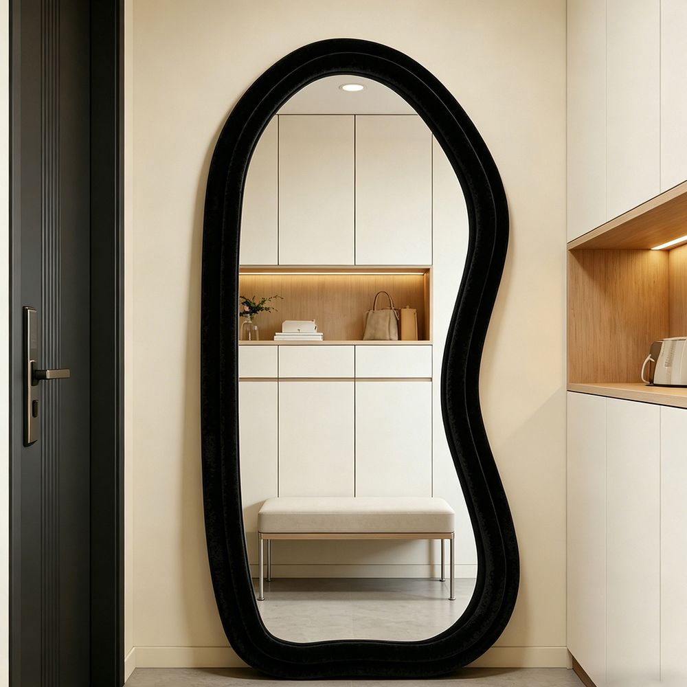 Wavy Full Length Mirror Black Velvet 70�170cm Luxury Irregular Fluffy Floor Mirror for Entryway Closet