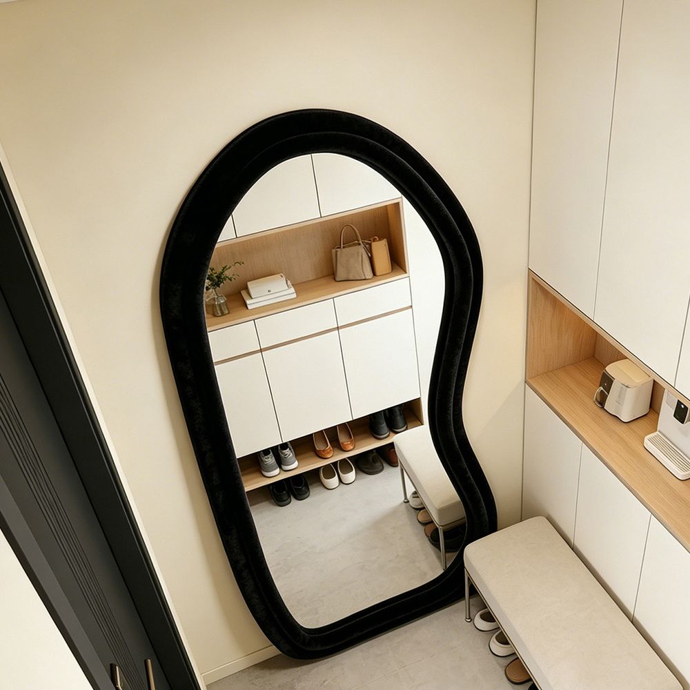Wavy Full Length Mirror Black Velvet 70�170cm Luxury Irregular Fluffy Floor Mirror for Entryway Closet