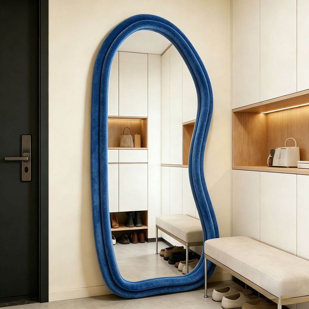 Velvet Wavy Full Length Mirror Dark Blue 70�170cm Aesthetic Fluffy Irregular Floor Mirror for Dressing Room
