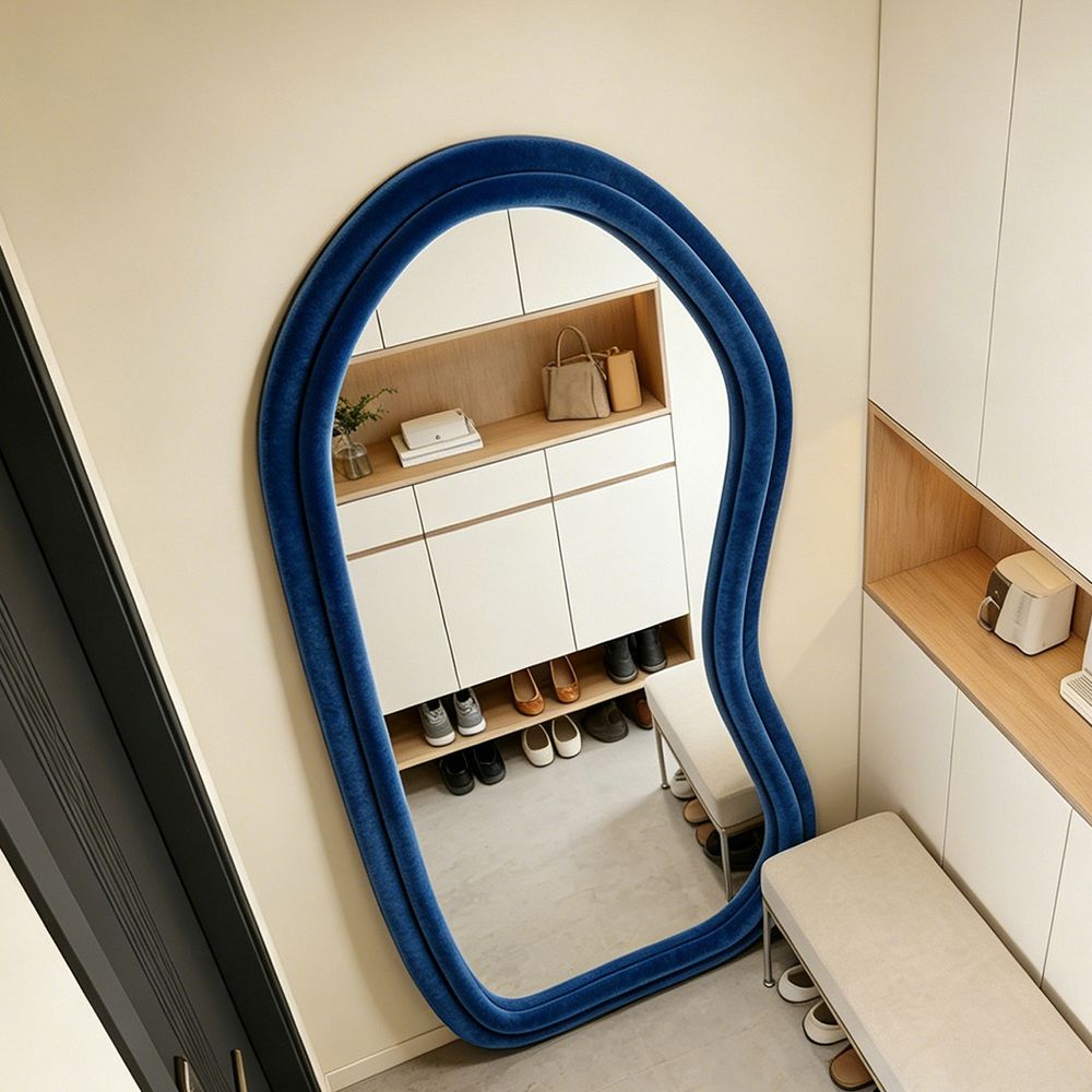Velvet Wavy Full Length Mirror Dark Blue 70�170cm Aesthetic Fluffy Irregular Floor Mirror for Dressing Room
