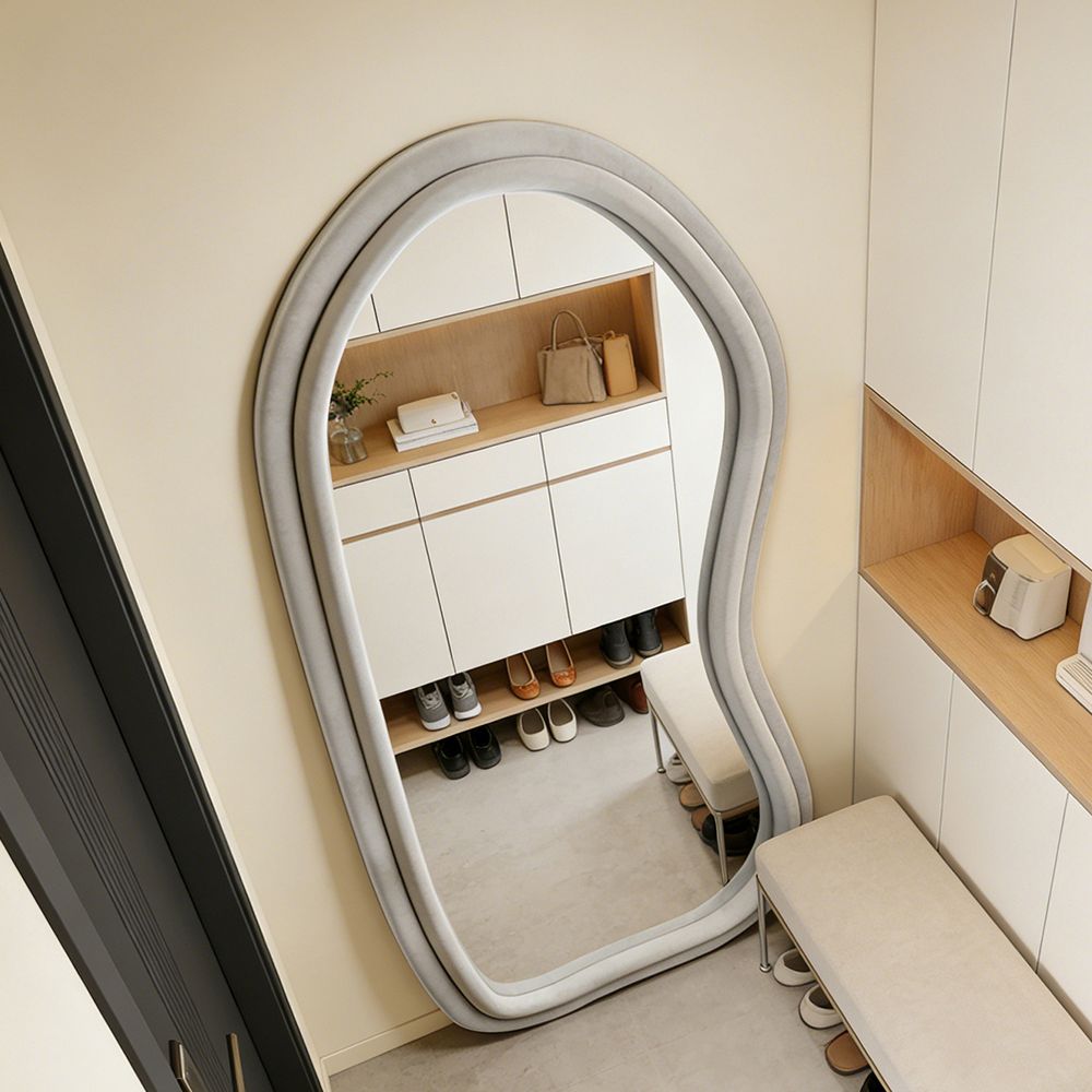 Velvet Wavy Full Length Mirror Light Gray 70�170cm Modern Fluffy Squiggle Wall and Floor Mirror