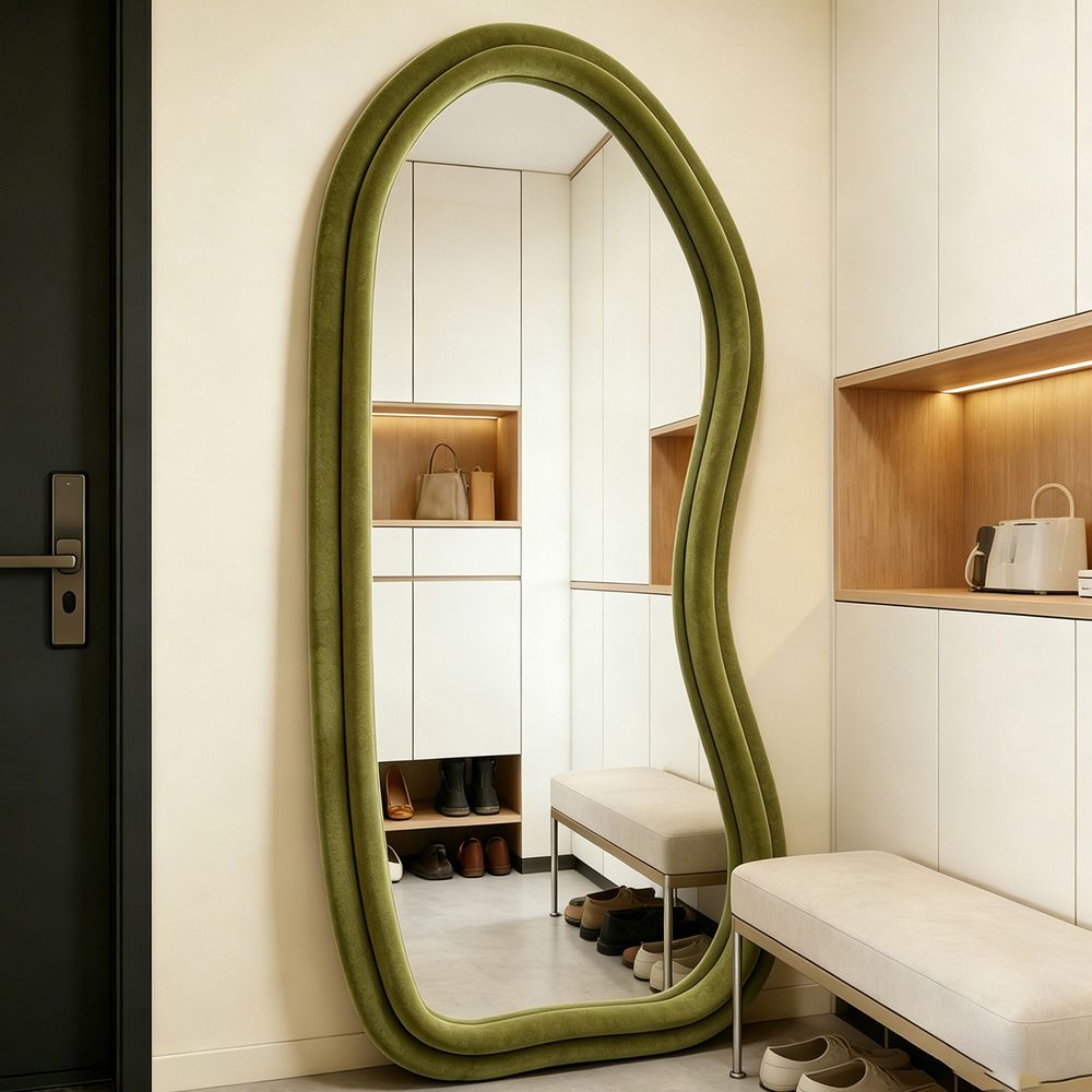 Velvet Wavy Full Length Mirror Olive Green 70�170cm Fluffy Irregular Floor Mirror for Bedroom Living Room