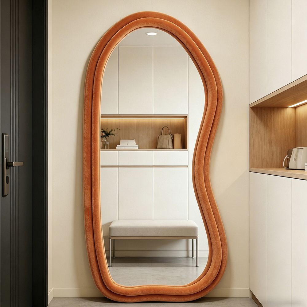 Wavy Full Length Mirror Orange Velvet 70�170cm Double Layer Fluffy Squiggle Floor Mirror
