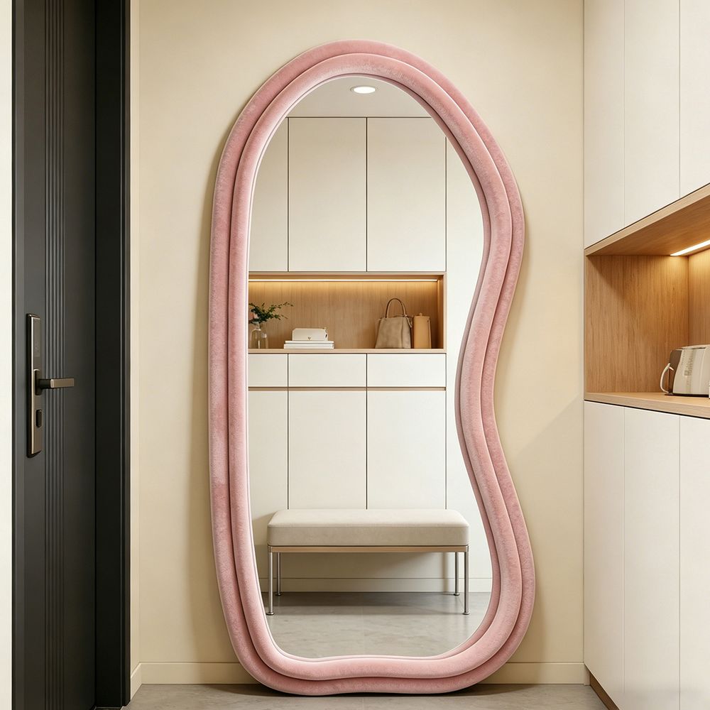 Velvet Wavy Full Length Mirror Blush Pink 70�170cm Aesthetic Fluffy Irregular Floor Mirror for Dressing Room
