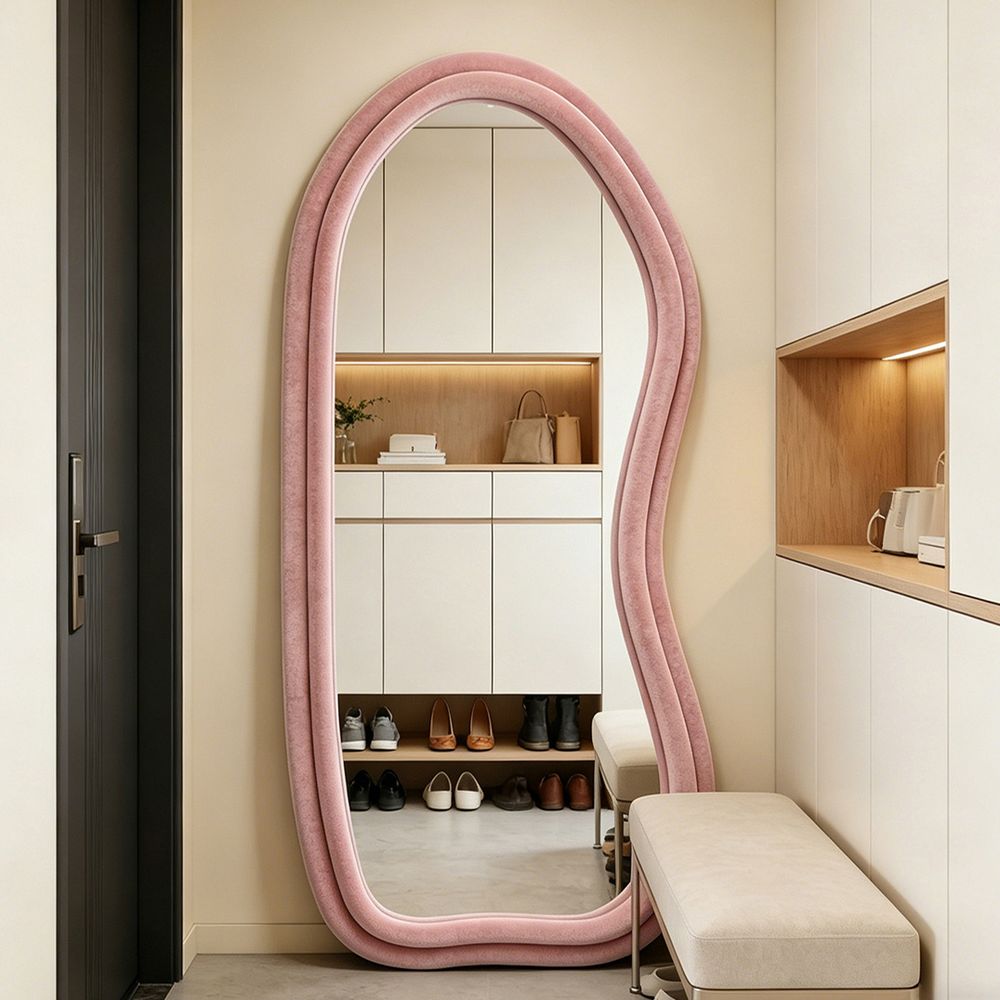Velvet Wavy Full Length Mirror Blush Pink 70�170cm Aesthetic Fluffy Irregular Floor Mirror for Dressing Room
