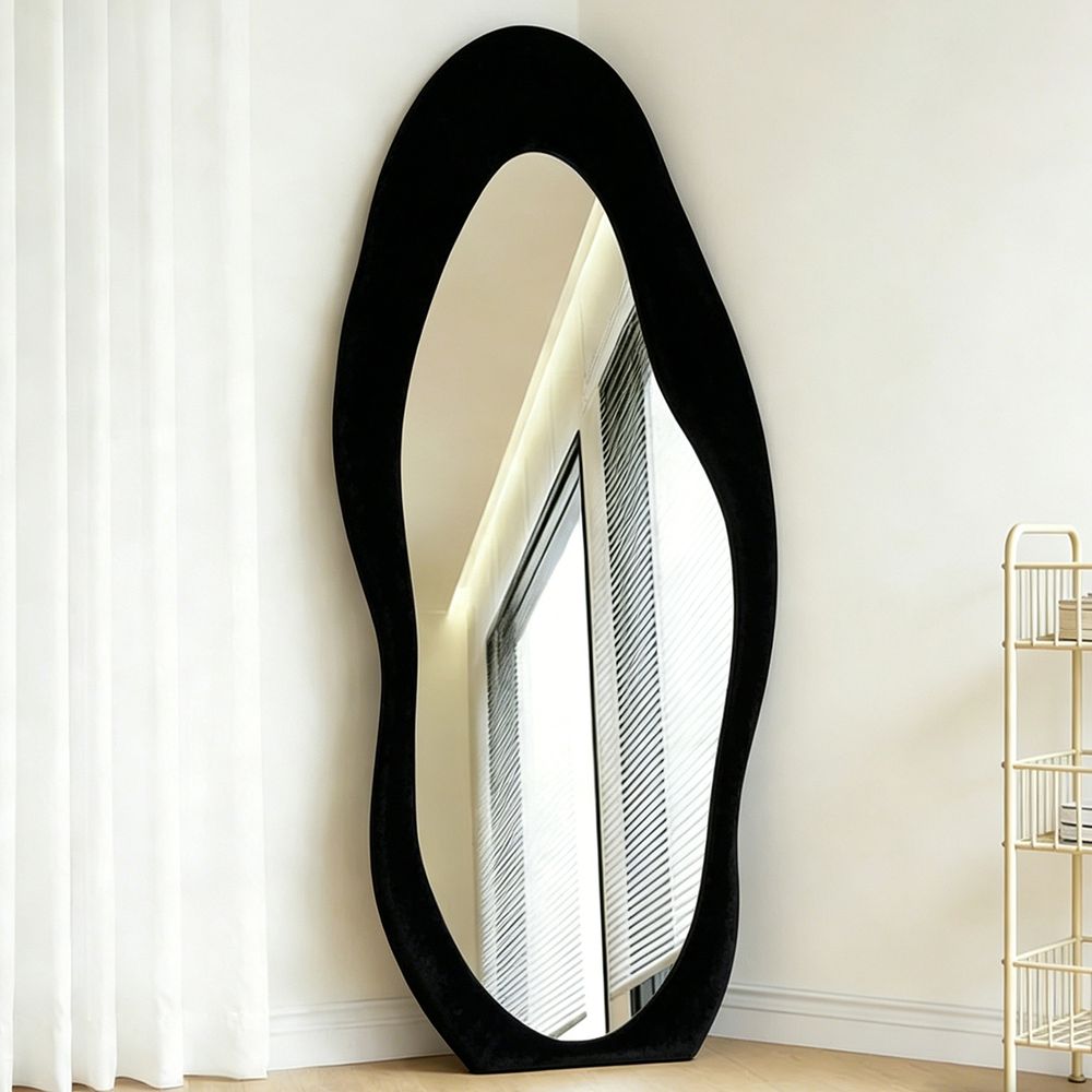 Wavy Full Length Mirror Black Velvet Irregular  70�170cm Luxury Fluffy Floor Mirror for Entryway Closet
