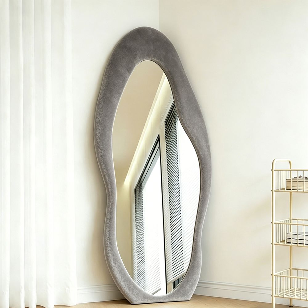 Velvet Irregular Wavy Full Length Mirror Light Gray 70�170cm Modern Fluffy Squiggle Wall and Floor Mirror