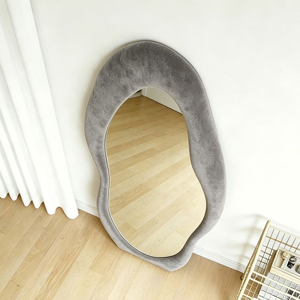Velvet Irregular Wavy Full Length Mirror Light Gray 70�170cm Modern Fluffy Squiggle Wall and Floor Mirror