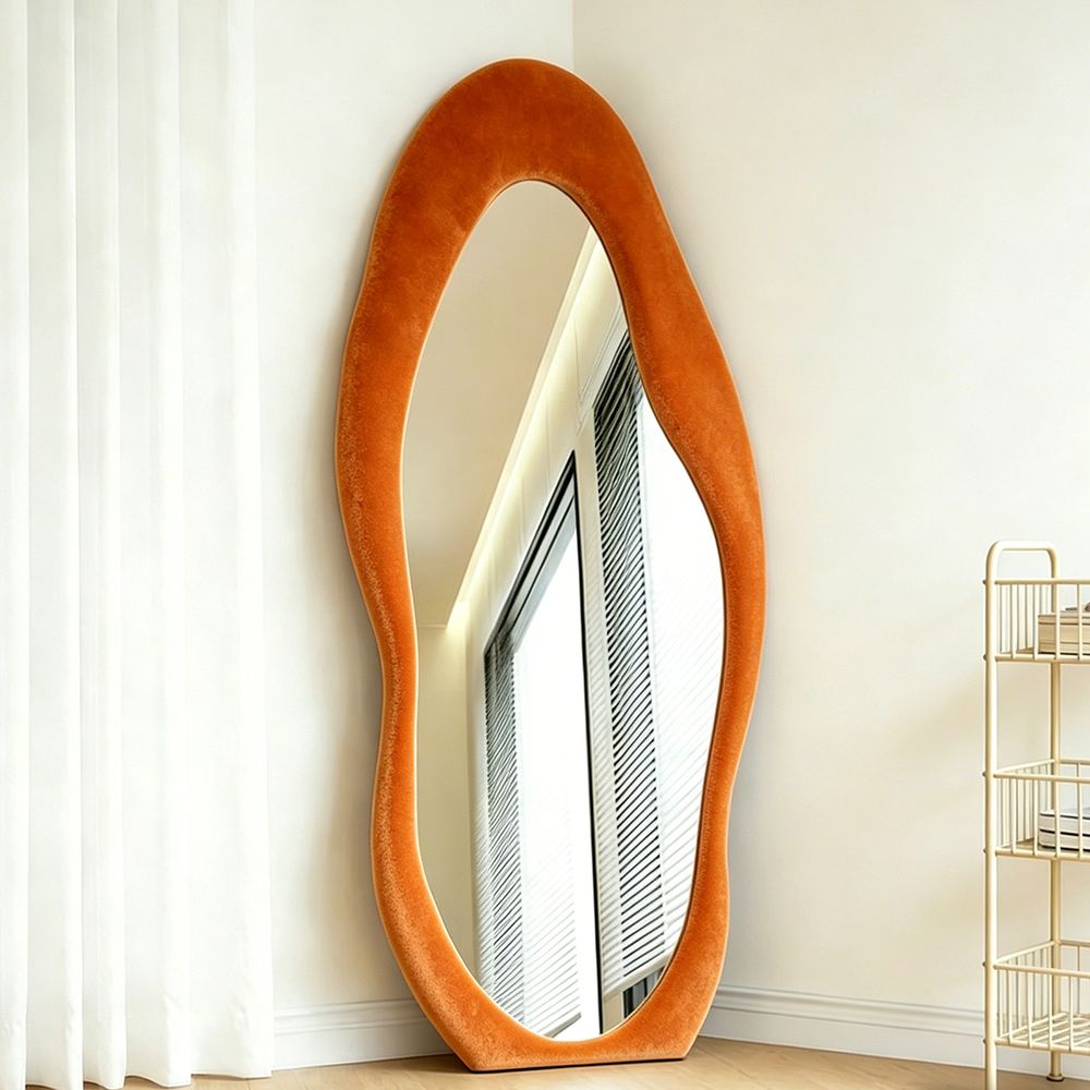 Wavy Full Length Mirror 70�170cm Orange Velvet Irregular Fluffy Squiggle Floor Mirror for Home Decor