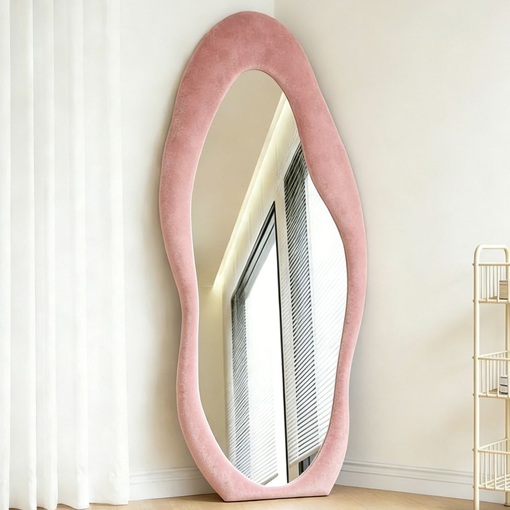 Wavy Full Length Mirror Blush Pink Velvet Irregular 70�170cm Aesthetic Fluffy Floor Mirror for Bedroom