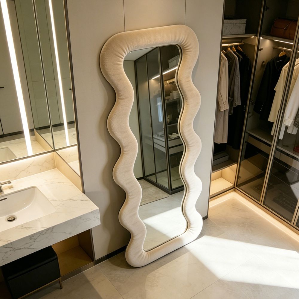 Wavy Full Length Mirror Beige Velvet 70�170cm Double Layer Fluffy Squiggle Floor Mirror for Home Decor
