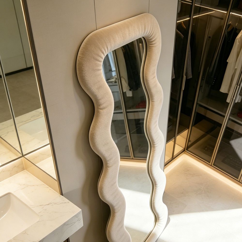 Wavy Full Length Mirror Beige Velvet 70�170cm Double Layer Fluffy Squiggle Floor Mirror for Home Decor
