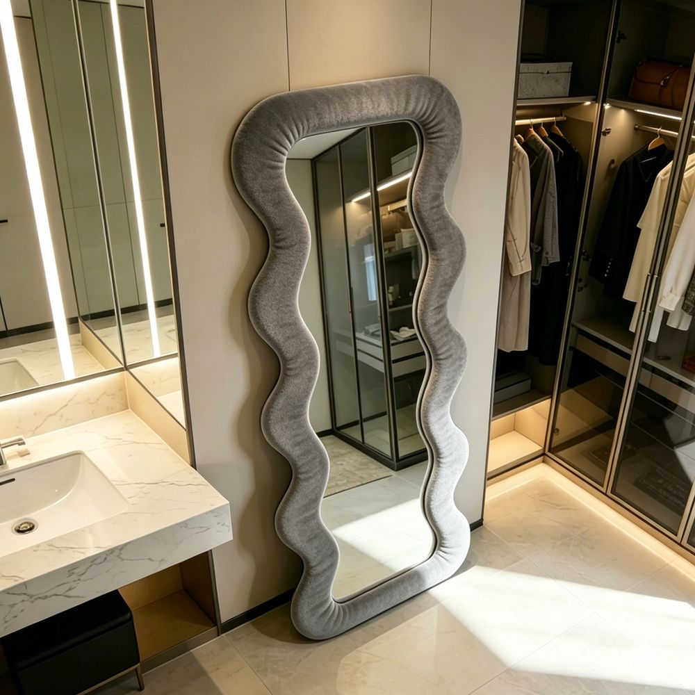 Wavy Full Length Mirror Light Gray Velvet 70�170cm Fluffy Irregular Floor Mirror for Bedroom Living Room