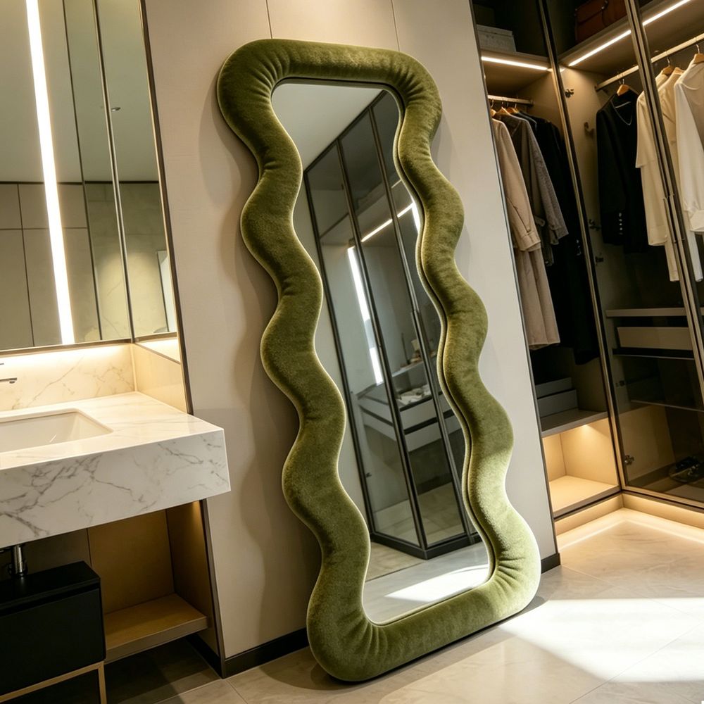 Velvet Wavy Full Length Mirror Olive Green 70�170cm Aesthetic Fluffy Irregular Floor Mirror for Dressing Room