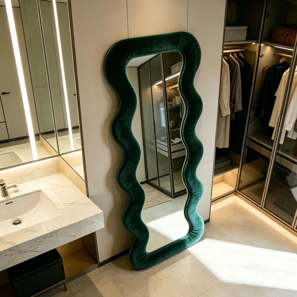 Velvet Wavy Full Length Mirror Military Green 70�170cm Double Layer Fluffy Squiggle Floor Mirror