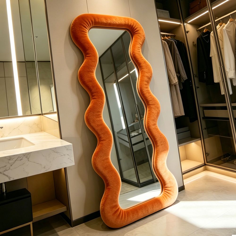 Wavy Full Length Mirror Orange Velvet 70�170cm Fluffy Squiggle Floor Mirror for Home Decor