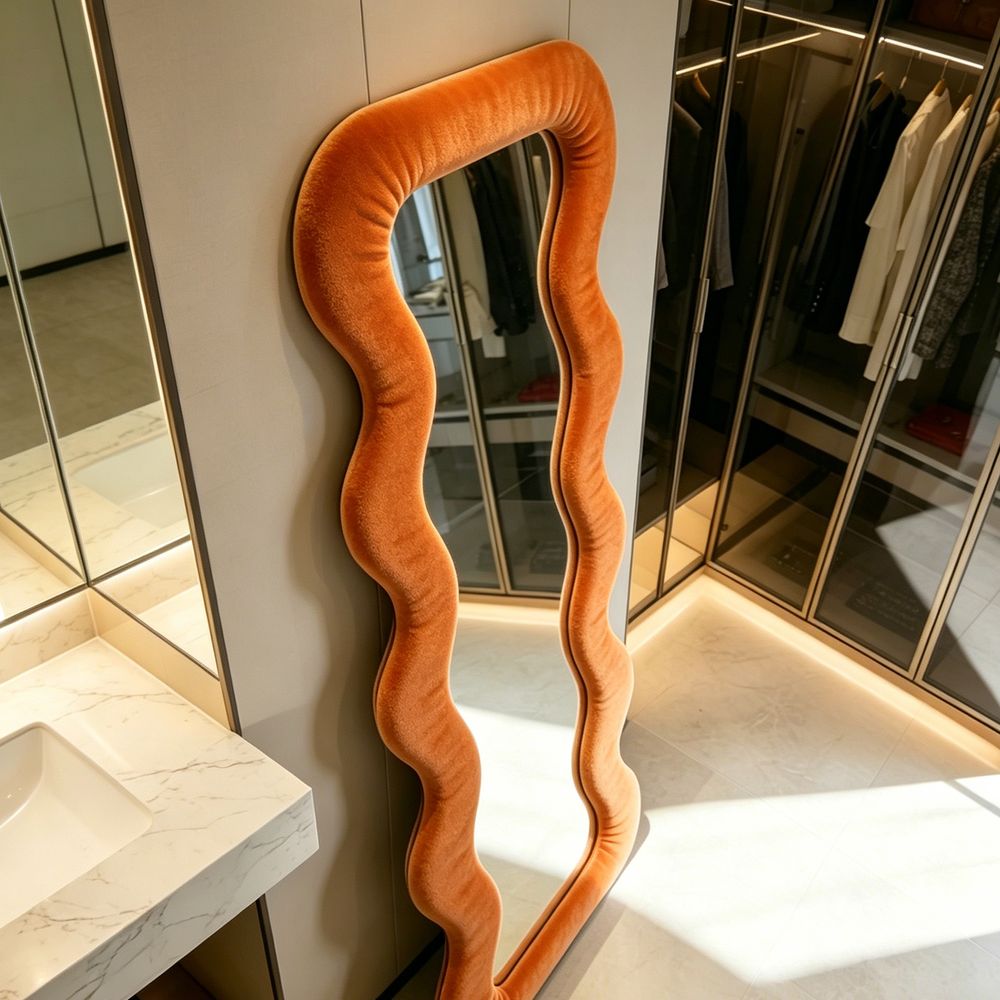 Wavy Full Length Mirror Orange Velvet 70�170cm Fluffy Squiggle Floor Mirror for Home Decor