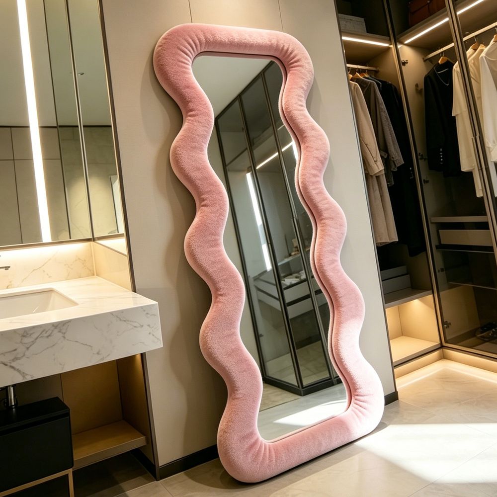 Wavy Full Length Mirror Blush Pink Velvet 70�170cm Aesthetic Fluffy Irregular Floor Mirror for Bedroom