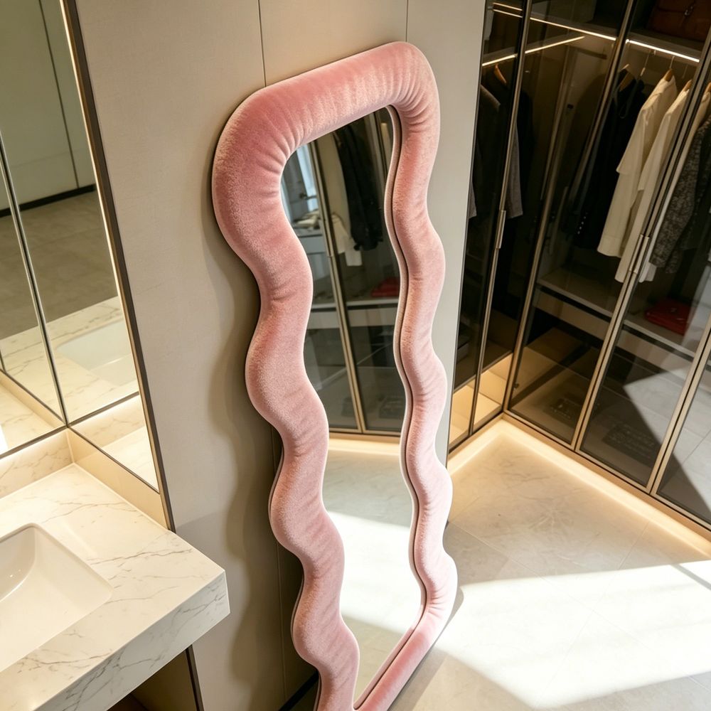 Wavy Full Length Mirror Blush Pink Velvet 70�170cm Aesthetic Fluffy Irregular Floor Mirror for Bedroom