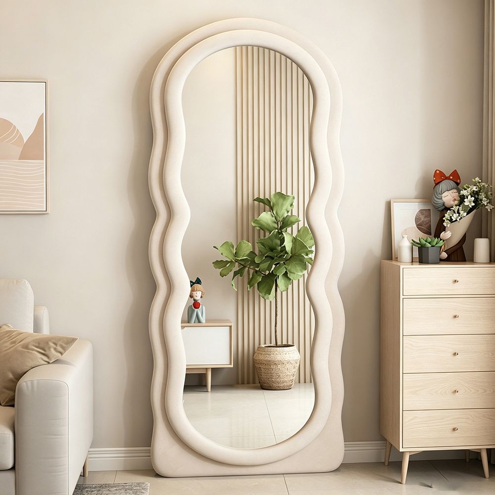 Double Wavy Full Length Mirror Beige Velvet 70�170cm Fluffy Squiggle Floor Mirror for Home Decor
