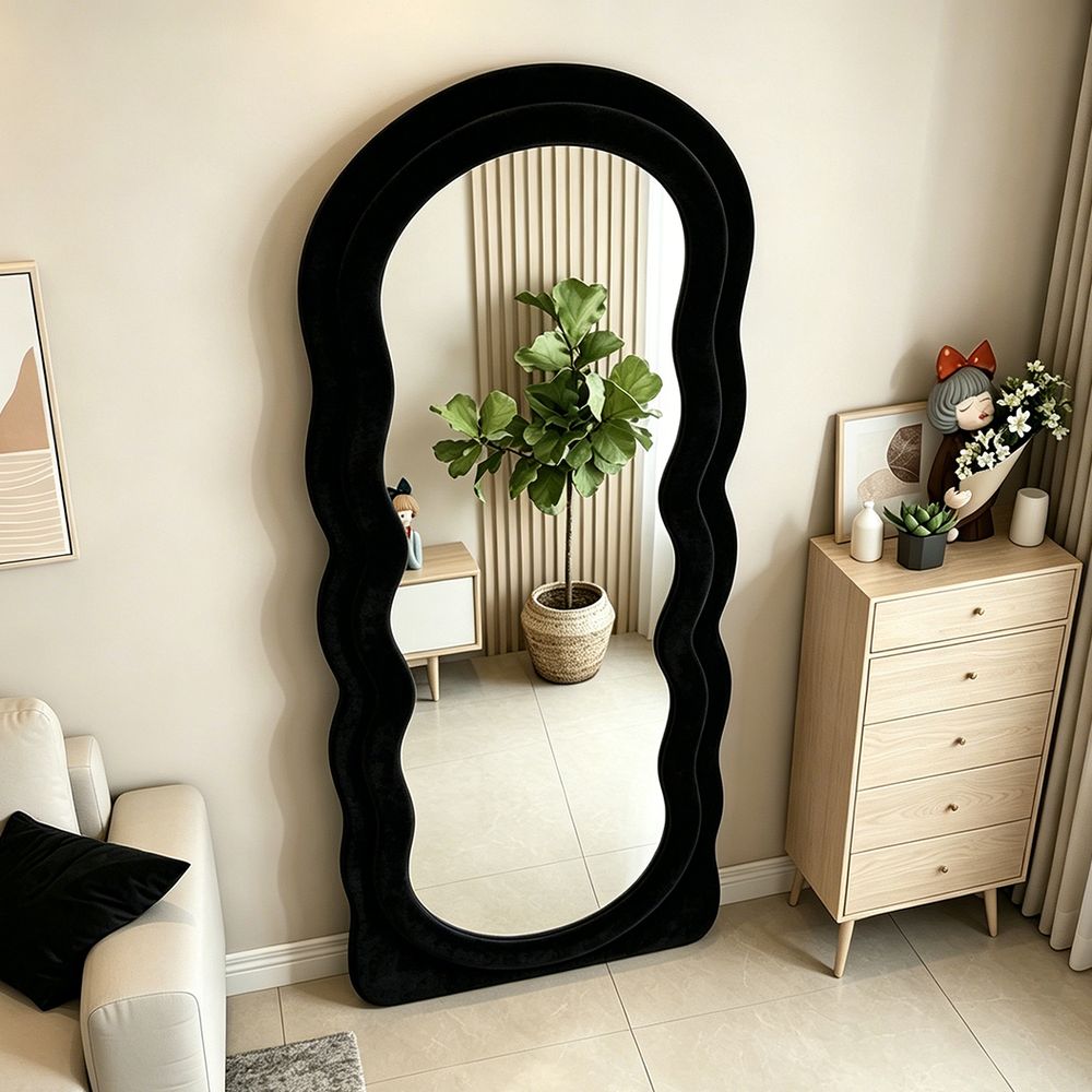 Double Wavy Full Length Mirror Black Velvet 70�170cm Luxury Fluffy Floor Mirror for Entryway Closet
