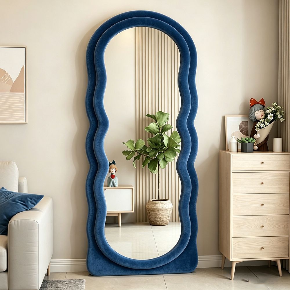 Double Wavy Full Length Mirror Navy Blue Velvet 70�170cm Modern Fluffy Squiggle Wall and Floor Mirror

