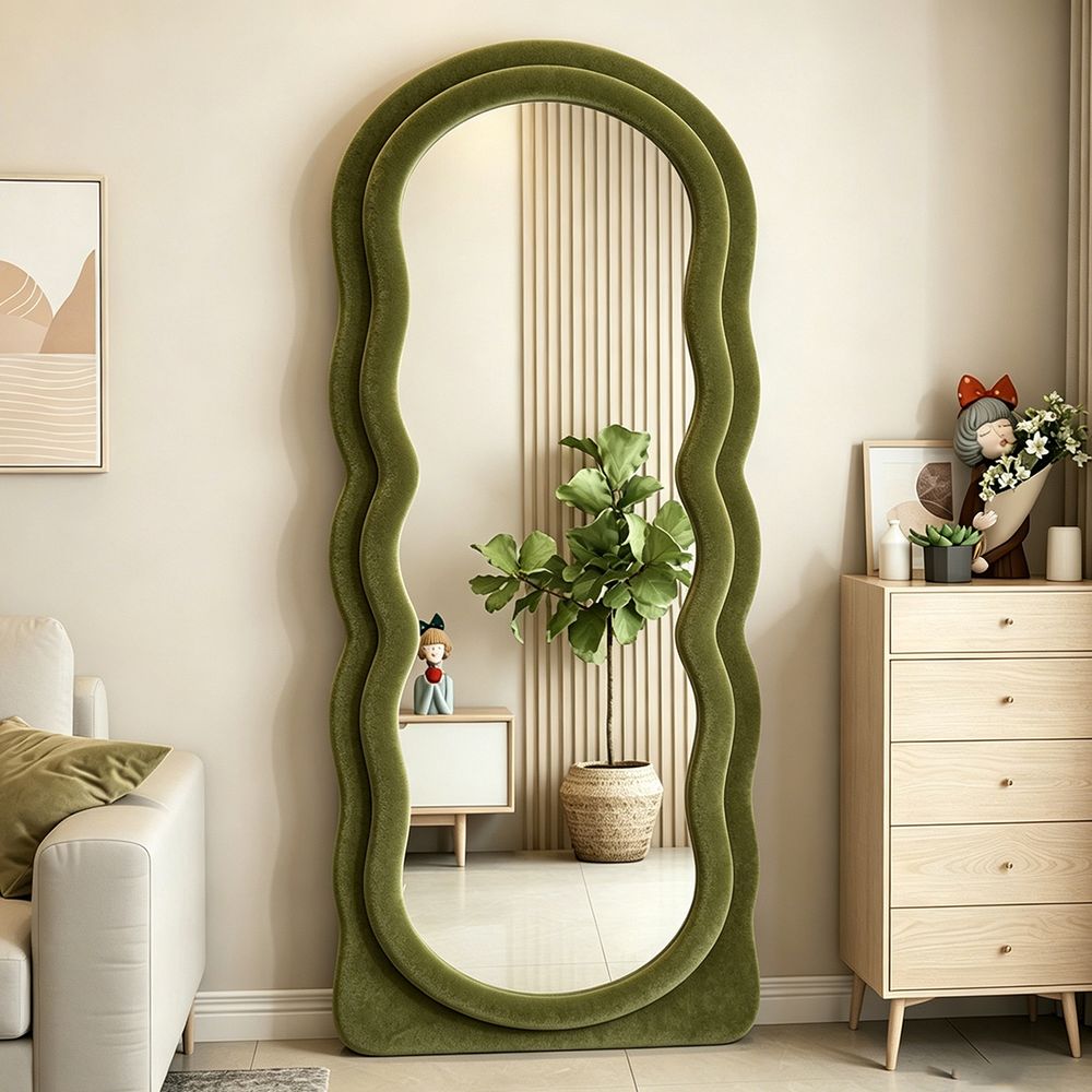 Double Wavy Full Length Mirror Olive Green Velvet 70�170cm Aesthetic Fluffy Irregular Floor Mirror for Dressing Room
