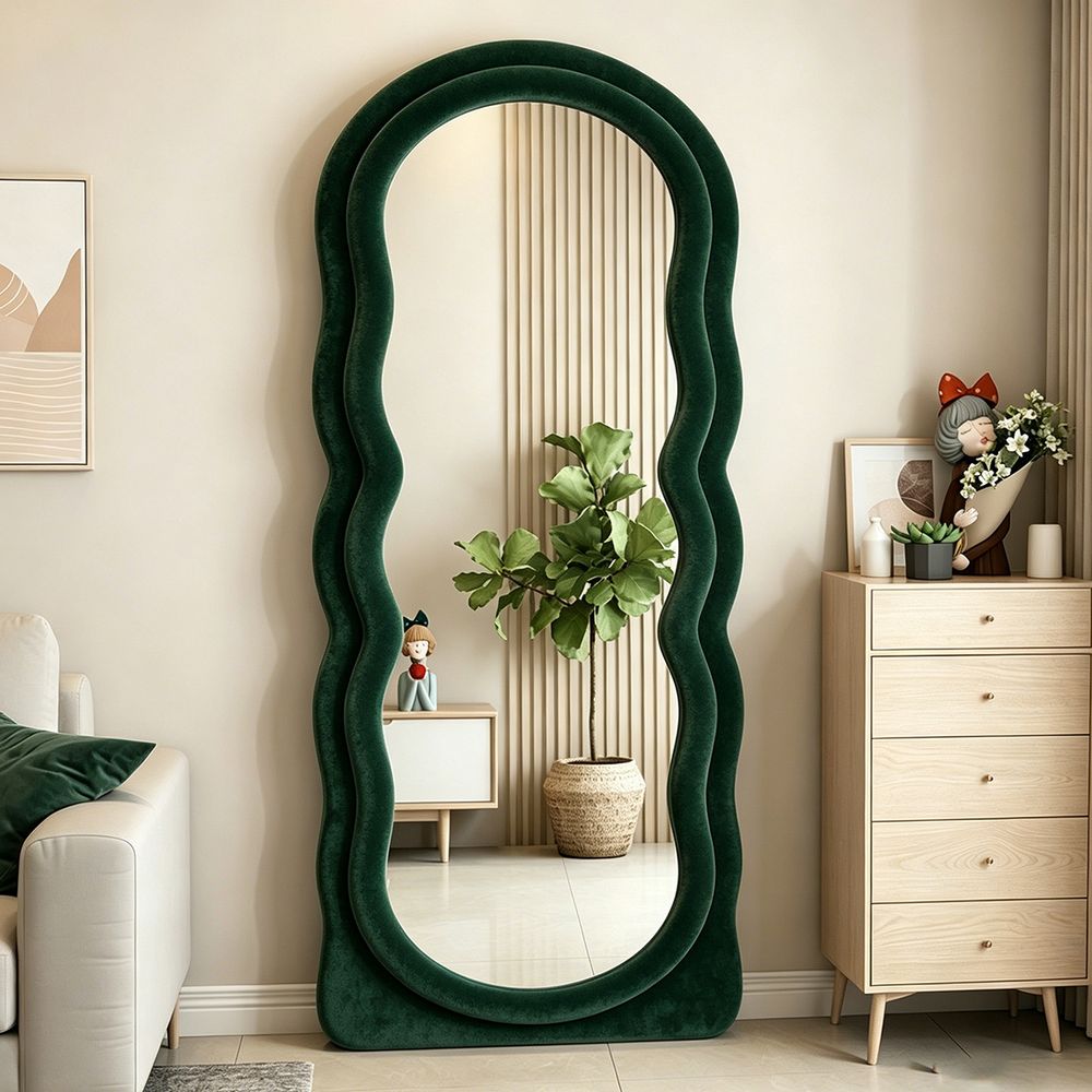 Double Wavy Full Length Mirror Dark Green Velvet 70�170cm Double Layer Fluffy Squiggle Floor Mirror

