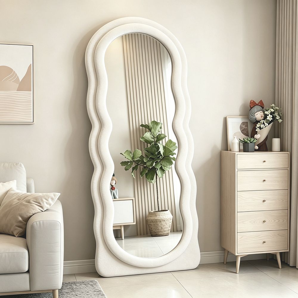 Double Wavy Full Length Mirror Ivory White Velvet 70�170cm Fluffy Squiggle Floor Mirror for Home Decor
